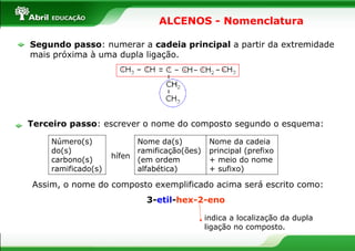 ALCENOS - Nomenclatura Segundo passo : numerar a  cadeia principal  a partir da extremidade mais próxima à uma dupla ligação. Terceiro passo : escrever o nome do composto segundo o esquema: Número(s) do(s) carbono(s) ramificado(s) hífen Nome da(s) ramificação(ões) (em ordem alfabética) Nome da cadeia principal (prefixo + meio do nome + sufixo) Assim, o nome do composto exemplificado acima será escrito como: 3- etil - hex-2-eno indica a localização da dupla ligação no composto. 