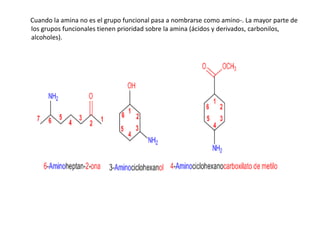 Cuando la amina no es el grupo funcional pasa a nombrarse como amino-. La mayor parte de
los grupos funcionales tienen prioridad sobre la amina (ácidos y derivados, carbonilos,
alcoholes).
 