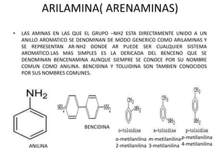 ARILAMINA( ARENAMINAS)
• LAS AMINAS EN LAS QUE EL GRUPO –NH2 ESTA DIRECTAMENTE UNIDO A UN
ANILLO AROMATICO SE DENOMINAN DE MODO GENERICO COMO ARILAMINAS Y
SE REPRESENTAN AR-NH2 DONDE AR PUEDE SER CUALQUIER SISTEMA
AROMATICO.LAS MAS SIMPLES ES LA DERICADA DEL BENCENO QUE SE
DENOMINAN BENCENAMINA AUNQUE SIEMPRE SE CONOCE POR SU NOMBRE
COMUN COMO ANILINA. BENCIDINA Y TOLUIDINA SON TAMBIEN CONOCIDOS
POR SUS NOMBRES COMUNES.
ANILINA
BENCIDINA
o-metilanilina
2-metilanilina
m-metilanilina
3-metilanilina
p-metilanilina
4-metilanilina
 