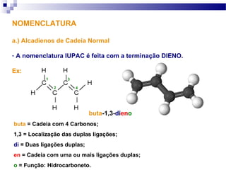 NOMENCLATURA
a.) Alcadienos de Cadeia Normal
- A nomenclatura IUPAC é feita com a terminação DIENO.
Ex:
1
2
3
4
buta-1,3-dieno
buta = Cadeia com 4 Carbonos;
1,3 = Localização das duplas ligações;
di = Duas ligações duplas;
en = Cadeia com uma ou mais ligações duplas;
o = Função: Hidrocarboneto.
 