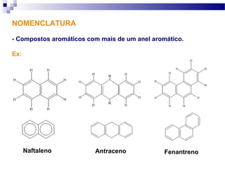 NOMENCLATURA
- Compostos aromáticos com mais de um anel aromático.
Ex:
FenantrenoAntracenoNaftaleno
 