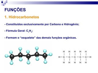 FUNÇÕES
1. Hidrocarbonetos
- Constituídos exclusivamente por Carbono e Hidrogênio;
- Fórmula Geral: CxHy;
- Formam o “esqueleto” das demais funções orgânicas.
 