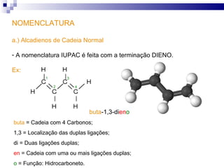 NOMENCLATURA a.) Alcadienos de Cadeia Normal A nomenclatura IUPAC é feita com a terminação DIENO.  Ex:  1 2 3 4 buta -1,3- di en o buta   = Cadeia com 4 Carbonos; 1,3   = Localização das duplas ligações; di  = Duas ligações duplas; en   = Cadeia com uma ou mais ligações duplas; o   = Função: Hidrocarboneto. 