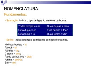 NOMENCLATURA Fundamentos: - Saturação:   Indica o tipo de ligação entre os carbonos. - Sufixo:   Indica a função química do composto orgânico. Hidrocarboneto =  o ; Álcool =  ol ; Aldeído =  al ; Cetona =  ona ; Ácido carboxílico =  óico ; Amina =  amina ; Éter =  óxi .  Todas simples = an Duas duplas = dien Uma dupla = en            Três duplas = trien Uma tripla = in Duas triplas = diin 