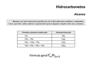Hidrocarbonetos
Alcanos
Fórmula geral CnH2n+2
 