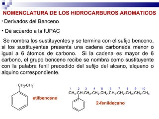 NOMENCLATURA DE LOS HIDROCARBUROS AROMATICOS
• Derivados   del Benceno
• De acuerdo a la IUPAC
 Se nombra los sustituyentes y se termina con el sufijo benceno,
si los sustituyentes presenta una cadena carbonada menor o
igual a 6 átomos de carbono. Si la cadena es mayor de 6
carbono, el grupo benceno recibe se nombra como sustituyente
con la palabra fenil precedido del sufijo del alcano, alqueno o
alquino correspondiente.

      CH2-CH3
                             1   2   3   4     5   6   7     8   9   10
                             CH3-CH-CH2-CH2-CH2-CH 2-CH2-CH2-CH2-CH3
               etilbenceno
                                             2-fenildecano
 