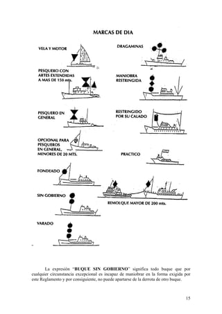La expresión “BUQUE SIN GOBIERNO” significa todo buque que por
cualquier circunstancia excepcional es incapaz de maniobrar en la forma exigida por
este Reglamento y por consiguiente, no puede apartarse de la derrota de otro buque.
15
 