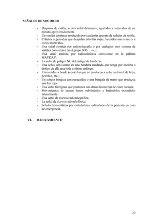 SEÑALES DE SOCORRO
- Disparos de cañón, u otra señal detonante, repetidos a intervalos de un
minuto aproximadamente.
- Un sonido continuo producido por cualquier aparato de señales de niebla.
- Cohetes o granadas que despidan estrellas rojas, lanzados uno a uno y a
cortos intervalos.
- Una señal emitida por radiotelegrafía o por cualquier otro sistema de
señales consistente en el grupo SOS…---…
- Una señal emitida por radiotelefonía consistente en la palabra
MAYDAY.
- La señal de peligro NC del código de banderas.
- Una señal consistente en una bandera cuadrada que tenga por encima o
debajo de ella una bola u objeto análogo.
- Llamaradas a bordo (como las que se producen a arder un barril de brea,
petróleo, etc.).
- Un cohete bengala con paracaídas o una bengala de mano que produzca
una luz roja.
- Una señal fumígena que produzca una densa humareda de color naranja.
- Movimientos de brazos lentos subiéndolos y bajándolos extendidos
lateralmente.
- Una señal de alarma radiotelegráfica.
- La señal de alarma radiotelefónica.
- Señales transmitidas por radiobalizas indicadoras de la posición en caso
de emergencia.
VI. BALIZAMIENTO
20
 