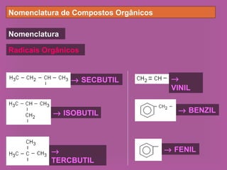 Nomenclatura de Compostos Orgânicos
Nomenclatura
→ SECBUTIL
→ ISOBUTIL
→
TERCBUTIL
→
VINIL
→ BENZIL
→ FENIL
Radicais Orgânicos
 