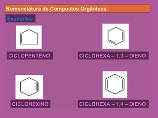 Nomenclatura de Compostos Orgânicos
Exemplos:
CICLOPENTENOCICLOPENTENO
CICLOHEXINOCICLOHEXINO
CICLOHEXA – 1,3 – DIENOCICLOHEXA – 1,3 – DIENO
CICLOHEXA – 1,4 – DIENOCICLOHEXA – 1,4 – DIENO
 