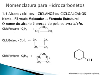 1.1 Alcanos cíclicos – CICLANOS ou CICLOALCANOS Nome - Fórmula Molecular    Fórmula Estrutural  O nome do alcano é precedido pela palavra  ciclo. CicloPropano - C 3 H 6    CicloButano - C 4 H 8      CicloPentano - C 5 H 10   CH 2 CH 2 CH 2 CH 2 CH 2 CH 2 CH 2 CH 2 CH 2 CH 2 CH 2 CH 2 Nomenclatura dos Compostos Orgânicos 