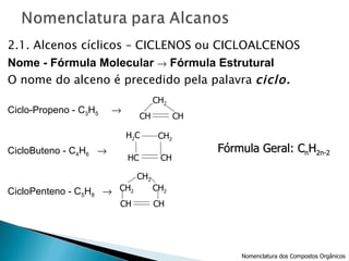2.1. Alcenos cíclicos – CICLENOS ou CICLOALCENOS Nome - Fórmula Molecular    Fórmula Estrutural  O nome do alceno é precedido pela palavra  ciclo. Ciclo-Propeno - C 3 H 5    CicloButeno - C 4 H 6      CicloPenteno - C 5 H 8   CH 2 CH CH H 2 C CH 2 HC CH CH 2 CH 2 CH 2 CH CH Fórmula Geral: C n H 2n-2 Nomenclatura dos Compostos Orgânicos 