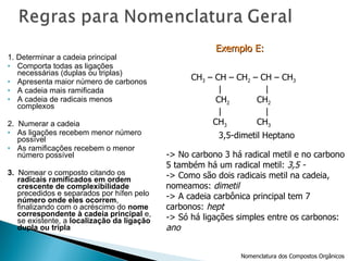 1. Determinar a cadeia principal Comporta todas as ligações necessárias (duplas ou triplas) Apresenta maior número de carbonos A cadeia mais ramificada A cadeia de radicais menos complexos 2.  Numerar a cadeia As ligações recebem menor número possível As ramificações recebem o menor número possível 3.  Nomear o composto citando os  radicais ramificados em ordem crescente de complexibilidade  precedidos e separados por hífen pelo  número onde eles ocorrem , finalizando com o acréscimo do  nome correspondente à cadeia principal  e, se existente, a  localização da ligação dupla ou tripla 3,5-dimetil Heptano -> No carbono 3 há radical metil e no carbono 5 também há um radical metil:  3,5 -  -> Como são dois radicais metil na cadeia,  nomeamos:  dimetil -> A cadeia carbônica principal tem 7  carbonos:  hept -> Só há ligações simples entre os carbonos: ano Exemplo E:   Nomenclatura dos Compostos Orgânicos CH 3 |  CH 3  – CH – C – CH 2  – CH 3 |  | CH 3   CH 3 CH 3  – CH – CH 2  – CH – CH 3 |  | CH 2   CH 2 |  | CH 3   CH 3 