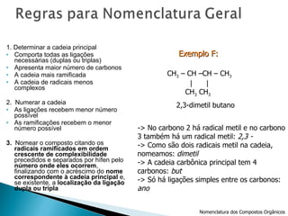 1. Determinar a cadeia principal Comporta todas as ligações necessárias (duplas ou triplas) Apresenta maior número de carbonos A cadeia mais ramificada A cadeia de radicais menos complexos 2.  Numerar a cadeia As ligações recebem menor número possível As ramificações recebem o menor número possível 3.  Nomear o composto citando os  radicais ramificados em ordem crescente de complexibilidade  precedidos e separados por hífen pelo  número onde eles ocorrem , finalizando com o acréscimo do  nome correspondente à cadeia principal  e, se existente, a  localização da ligação dupla ou tripla 2,3-dimetil butano -> No carbono 2 há radical metil e no carbono 3 também há um radical metil:  2,3 -  -> Como são dois radicais metil na cadeia,  nomeamos:  dimetil -> A cadeia carbônica principal tem 4  carbonos:  but -> Só há ligações simples entre os carbonos: ano Exemplo F:   Nomenclatura dos Compostos Orgânicos CH 3 |  CH 3  – CH – C – CH 2  – CH 3 |  | CH 3   CH 3 CH 3  – CH – CH 2  – CH – CH 3 |  | CH 2   CH 2 |  | CH 3   CH 3 CH 3  – CH –CH – CH 3 |  | CH 3  CH 3 