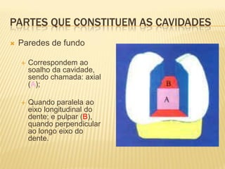 PARTES QUE CONSTITUEM AS CAVIDADES
   Paredes de fundo

       Correspondem ao
        soalho da cavidade,
        sendo chamada: axial
        (A);

       Quando paralela ao
        eixo longitudinal do
        dente; e pulpar (B),
        quando perpendicular
        ao longo eixo do
        dente.
 