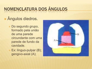 NOMENCLATURA DOS ÂNGULOS

   Ângulos diedros.
     Do segundo grupo,
      formado pela união
      de uma parede
      circundante com uma
      parede de fundo da
      cavidade.
     Ex: línguo-pulpar (B);
      gengivo-axial (A);
 