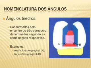 NOMENCLATURA DOS ÂNGULOS

   Ângulos triedros.

       São formados pelo
        encontro de três paredes e
        denominados segundo as
        combinações respectivas.

       Exemplos:
          vestíbulo-áxio-gengival (A);
          línguo-áxio-gengival (B).
 
