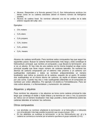  Alcanos. Responden a la fórmula general CnH2n+2. Son hidrocarburos acíclicos (no
tienen ciclos en su cadena) saturados (tienen el máximo número de hidrógenos
posible).
 Alcanos de cadena lineal. Se nombran utilizando uno de los prefijos de la tabla
anterior seguido del sufijo -ano.
Ejemplos:
 CH4 metano
 C2H6 etano
 C3H8 propano
 C4H10 butano
 C5H12 pentano
 C6H14 hexano
Alcanos de cadena ramificada. Para nombrar estos compuestos hay que seguir los
siguientes pasos: Buscar la cadena hidrocarbonada más larga y ésta constituye el
hidrocarburo principal, que nombra al compuesto y que llevará la terminación -ano
si es un alcano. Si hay más de una cadena con la misma longitud se elige como
principal aquella que tiene mayor número de cadenas laterales. Se numeran los
átomos de carbono empezando por el extremo más próximo a un carbono con
sustituyentes (radicales) y éstos se nombran anteponiéndoles un número
localizador que indica su posición en la cadena, seguido de un guión. Si existen
dos sustituyentes en el mismo átomo de carbono, se repite el número separado
por una coma. Cuando hay dos o más sustituyentes diferentes en el compuesto se
nombran por orden alfabético. Por ejemplo 4,5-dietil-2,2,7-trimetildecano. Para ver
más sobre alcanos, ir a Nomenclatura y numeración de cadenas.
Alquenos y alquinos
Para nombrar los alquenos o los alquinos se toma como cadena principal la más
larga que contenga el doble o triple enlace y se termina en -eno o -ino; su posición
se indica con el número localizador más bajo posible y tiene preferencia sobre las
cadenas laterales al numerar los carbonos.
Otros compuestos
 Los alcoholes se nombran añadiendo la terminación -ol al hidrocarburo e indicando
con el localizador más bajo posible la posición que ocupa el grupo -OH.
 En los aldehídos se sustituye la terminación -o de los hidrocarburos por -al y la
cadena se comienza a numerar por el extremo que lleva el grupo carbonilo (C=O).
 