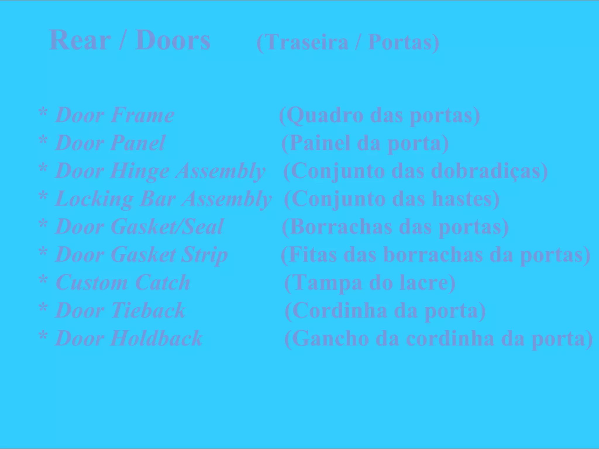 * Door Frame (Quadro das portas)
* Door Panel (Painel da porta)
* Door Hinge Assembly (Conjunto das dobradiças)
* Locking Bar Assembly (Conjunto das hastes)
* Door Gasket/Seal (Borrachas das portas)
* Door Gasket Strip (Fitas das borrachas da portas)
* Custom Catch (Tampa do lacre)
* Door Tieback (Cordinha da porta)
* Door Holdback (Gancho da cordinha da porta)
Rear / Doors (Traseira / Portas)
 