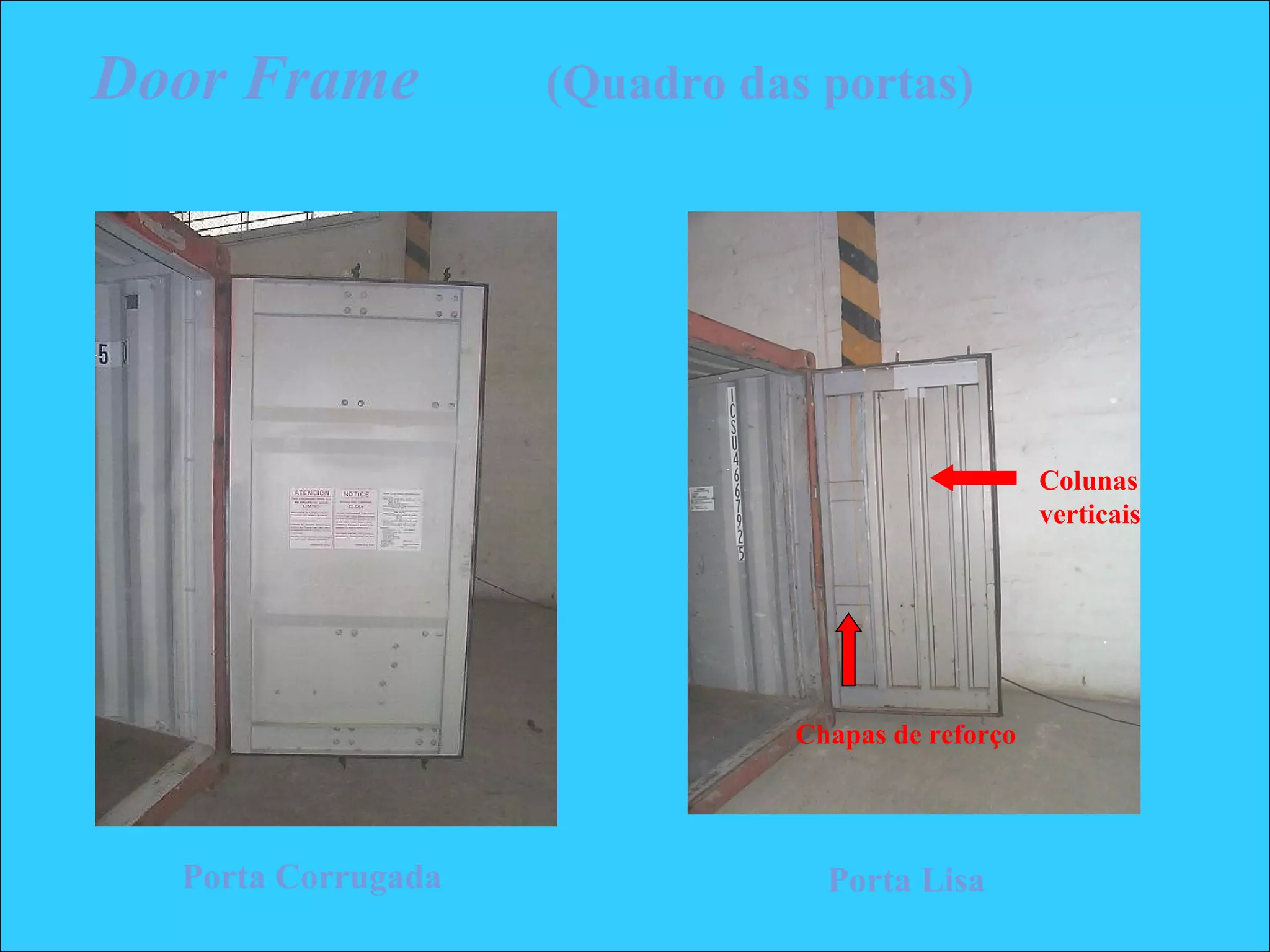 Door Frame (Quadro das portas)
Colunas
verticais
Chapas de reforço
Porta Corrugada Porta Lisa
 