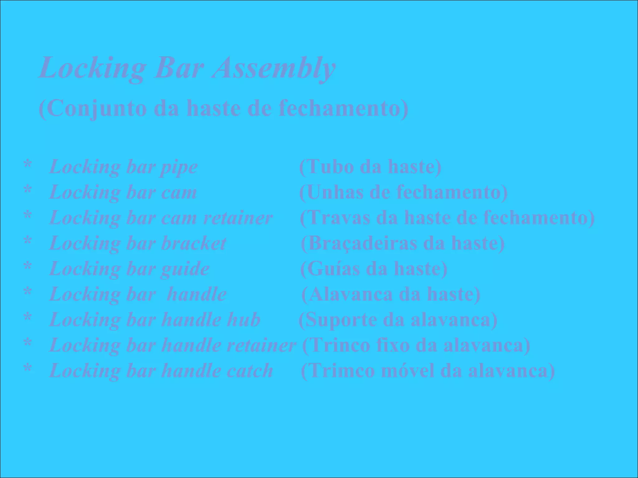 Locking Bar Assembly
(Conjunto da haste de fechamento)
* Locking bar pipe (Tubo da haste)
* Locking bar cam (Unhas de fechamento)
* Locking bar cam retainer (Travas da haste de fechamento)
* Locking bar bracket (Braçadeiras da haste)
* Locking bar guide (Guías da haste)
* Locking bar handle (Alavanca da haste)
* Locking bar handle hub (Suporte da alavanca)
* Locking bar handle retainer (Trinco fixo da alavanca)
* Locking bar handle catch (Trimco móvel da alavanca)
 