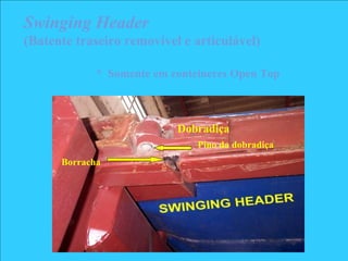 Dobradiça
Swinging Header
(Batente traseiro removível e articulável)
Pino da dobradiça
Borracha
* Somente em conteineres Open Top
Dobradiça
 