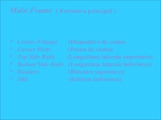 * Corner Fittings (Dispositivo de canto)
* Corner Posts (Postes de canto)
* Top Side Rails (Longarinas laterais superiores)
* Bottom Side Rails (Longarinas laterais inferiores)
* Headers (Batentes superiores)
* Sills (Soleiras inferiores)
Main Frame ( Estrutura principal )
 