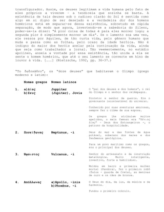 transfigurador. Assim, os deuses legitimam a vida humana pelo fato de
eles próprios a viverem – a teodiceia que sozinha se basta. A
existência de tais deuses sob o radioso clarão do Sol é sentida como
algo em si digno de ser desejado e a verdadeira dor dos homens
homéricos está em separar-se dessa existência, sobretudo em rápida
separação, de modo que agora, invertendo-se a sabedoria do Sileno,
poder-se-ia dizer: “A pior coisa de todas é para eles morrer logo; a
segunda pior é simplesmente morrer um dia”. Se o lamento soa uma vez,
ele ressoa por Aquiles, de tão curta vida, pelo gênero humano que
muda e passa como as folhas, pelo ocaso da idade heróica. Não é
indigno do maior dos heróis anelar pela continuação da vida, ainda
que seja como trabalhador a jornal. Tão veementemente, no estádio
apolíneo, anseia a vontade por essa existência, tão unida a ela se
sente o homem homérico, que até o seu lamento se converte em hino de
louvor à vida. [...] (Nietzsche, 1992, pp. 36-37.)


“Το δωδεκάθεο”, os    “doze   deuses”   que   habitavam   o   Olimpo   (grego
moderno e latim):

     Nomes gregos   Nomes latinos

1.   a)Δίας         Juppiter             O “pai dos deuses e dos homens”, o rei
     b)Ζευς         (Jupiter), Jovis     do Olimpo e o senhor dos relâmpagos.

                                         Protetor e senhor da guerra. Era o
                                         governante incontestável do universo.

                                         Conhecido por suas aventuras amorosas,
                                         sempre fez o ciúme de sua esposa.

                                         Os   gregos   lhe   atribuíam muitos
                                         apelidos, o mais famoso era “Ξένιος
                                         Δίας” – Deus dos Estrangeiros -, o
                                         patrono da hospitalidade.

2.   Ποσείδωνας     Neptunus, -i         Deus do mar e das fontes de água
                                         potável, soberano dos mares e dos
                                         fenômenos geológicos.

                                         Para um povo marítimo como os gregos,
                                         era o principal dos deuses.

3.   Ήφαιστος       Vulcanus, -i         Senhor do artesanato e da construção
                                         metalúrgica.     Muito    inteligente,
                                         inventivo, forte e habilidoso.

                                         Moldou em barro a primeira mulher
                                         mortal (Pandora), fez o primeiro robô
                                         (Talos - guarda de Creta), as meninas
                                         de ouro e os cães de bronze.

4.   Απόλλωνας      a)Apollo, -inis      O Deus do dia, da luz, da música e da
                    b)Phoebus, -i        harmonia.

                                         Fundou o primeiro oráculo.
 