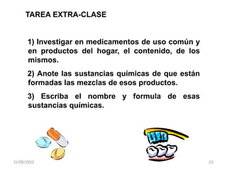TAREA EXTRA-CLASE


      1) Investigar en medicamentos de uso común y
      en productos del hogar, el contenido, de los
      mismos.
      2) Anote las sustancias químicas de que están
      formadas las mezclas de esos productos.
      3) Escriba el nombre y formula de esas
      sustancias químicas.




11/05/2012                                            23
 
