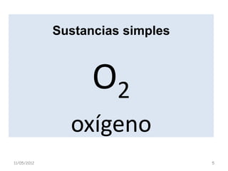 Sustancias simples



                   O2
               oxígeno
11/05/2012                        5
 