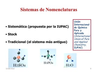 Sistemas de Nomenclaturas

                                         Unión
                                         Internacional
• Sistemática (propuesta por la IUPAC)   de Química
                                         Pura y
                                         Aplicada
• Stock                                  (International
                                         Union of Pure
• Tradicional (el sistema más antiguo)   and Applied
                                         Chemistry,
                                         IUPAC)




11/05/2012                                                9
 