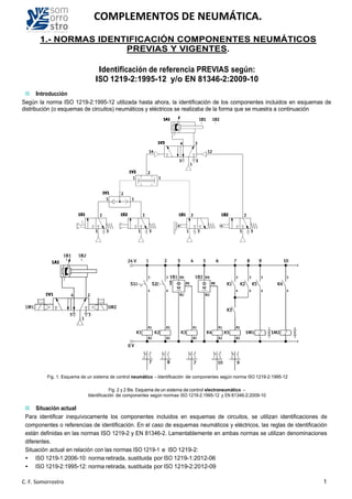 1
COMPLEMENTOS DE NEUMÁTICA.
C. F. Somorrostro
1.- NORMAS IDENTIFICACIÓN COMPONENTES NEUMÁTICOS
PREVIAS Y VIGENTES.
Identificación de referencia PREVIAS según:
ISO 1219-2:1995-12 y/o EN 81346-2:2009-10
Introducción
Según la norma ISO 1219-2:1995-12 utilizada hasta ahora, la identificación de los componentes incluidos en esquemas de
distribución (o esquemas de circuitos) neumáticos y eléctricos se realizaba de la forma que se muestra a continuación
Fig. 1. Esquema de un sistema de control neumático – Identificación de componentes según norma ISO 1219-2:1995-12
Fig. 2 y 2 Bis. Esquema de un sistema de control electroneumático –
Identificación de componentes según normas ISO 1219-2:1995-12 y EN 81346-2:2009-10
Situación actual
Para identificar inequívocamente los componentes incluidos en esquemas de circuitos, se utilizan identificaciones de
componentes o referencias de identificación. En el caso de esquemas neumáticos y eléctricos, las reglas de identificación
están definidas en las normas ISO 1219-2 y EN 81346-2. Lamentablemente en ambas normas se utilizan denominaciones
diferentes.
Situación actual en relación con las normas ISO 1219-1 e ISO 1219-2:
• ISO 1219-1:2006-10: norma retirada, sustituida por ISO 1219-1:2012-06
• ISO 1219-2:1995-12: norma retirada, sustituida por ISO 1219-2:2012-09
 