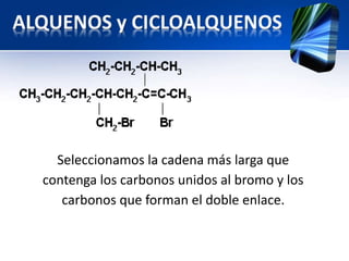 Seleccionamos la cadena más larga que 
contenga los carbonos unidos al bromo y los 
carbonos que forman el doble enlace. 
 