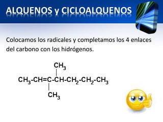 Colocamos los radicales y completamos los 4 enlaces 
del carbono con los hidrógenos. 
 