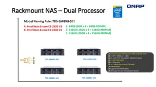 Rackmount NAS – Dual Processor
 Dual Processor Intel Xeon E5-2600 v3 (6 & 8 core)
 4 x SFP+ 10GbE, 2 x 1GbE
 16 x 3.5”/2.5” SAS 12Gb/s, SAS/SATA 6Gb/s
 4 x 2.5” SSD (back)
 4 x PCIe slots
 16 x DIMM slots (up to 1TB RAM)
 IPMI module
 Support PCIe NVMe SSDs
 GPU pass-thru for Virtualization Station
TDS-16489U-SA1 TDS-16489U-SA2
TDS-16489U-SB2 TDS-16489U-SB3
Model Naming Rule: TDS-16489U-SB2
A: Intel Xeon 6-core E5-2620 V3
B: Intel Xeon 8-core E5-2630 V3
1: 64GB (8GB x 8 = 64GB RDIMM)
2: 128GB (16GB x 8 = 128GB RDIMM)
3: 256GB (32GB x 8 = 256GB RDIMM)
 