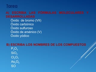 Tarea
A) ESCRIBA LAS FÓRMULAS MOLECULARES Y
DESARROLLADAS
Óxido de bromo (VII)
Óxido carbónico
Óxido sulfuroso
Óxido de arsénico (V)
Óxido yódico
B) ESCRIBA LOS NOMBRES DE LOS COMPUESTOS
P2O3
SiO2
Cl2O7
As2O5
SO
 