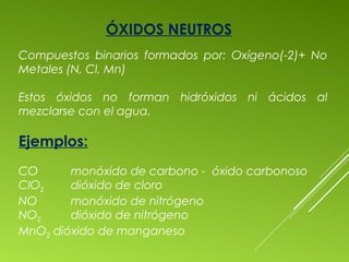 ÓXIDOS NEUTROS
Compuestos binarios formados por: Oxígeno(-2)+ No
Metales (N, Cl, Mn)
Estos óxidos no forman hidróxidos ni ácidos al
mezclarse con el agua.
Ejemplos:
CO monóxido de carbono - óxido carbonoso
ClO2 dióxido de cloro
NO monóxido de nitrógeno
NO2 dióxido de nitrógeno
MnO2 dióxido de manganeso
 