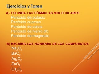 Ejercicios y Tarea
A) ESCRIBA LAS FÓRMULAS MOLECULARES
Peróxido de potasio
Peróxido cuproso
Peróxido de calcio
Peróxido de hierro (II)
Peróxido de magnesio
B) ESCRIBA LOS NOMBRES DE LOS COMPUESTOS
Na2O2
BaO2
Ag2O2
ZnO2
Cs2O2
 