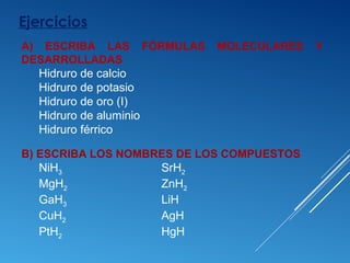 Ejercicios
B) ESCRIBA LOS NOMBRES DE LOS COMPUESTOS
NiH3 SrH2
MgH2 ZnH2
GaH3 LiH
CuH2 AgH
PtH2 HgH
A) ESCRIBA LAS FÓRMULAS MOLECULARES Y
DESARROLLADAS
Hidruro de calcio
Hidruro de potasio
Hidruro de oro (I)
Hidruro de aluminio
Hidruro férrico
 