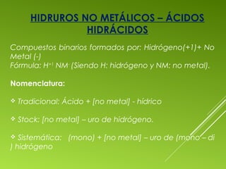 Compuestos binarios formados por: Hidrógeno(+1)+ No
Metal (-)
Fórmula: H+1
NM-
(Siendo H: hidrógeno y NM: no metal).
Nomenclatura:
 Tradicional: Ácido + [no metal] - hídrico
 Stock: [no metal] – uro de hidrógeno.
 Sistemática: (mono) + [no metal] – uro de (mono – di
) hidrógeno
HIDRUROS NO METÁLICOS – ÁCIDOS
HIDRÁCIDOS
 