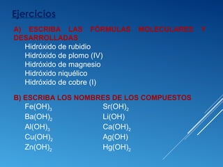 Ejercicios
B) ESCRIBA LOS NOMBRES DE LOS COMPUESTOS
Fe(OH)3 Sr(OH)2
Ba(OH)2 Li(OH)
Al(OH)3 Ca(OH)2
Cu(OH)2 Ag(OH)
Zn(OH)2 Hg(OH)2
A) ESCRIBA LAS FÓRMULAS MOLECULARES Y
DESARROLLADAS
Hidróxido de rubidio
Hidróxido de plomo (IV)
Hidróxido de magnesio
Hidróxido niquélico
Hidróxido de cobre (I)
 