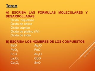 Tarea
A) ESCRIBA LAS FÓRMULAS MOLECULARES Y
DESARROLLADAS
Óxido niqueloso
Óxido de calcio
Óxido cúprico
Óxido de platino (IV)
Óxido de indio
B) ESCRIBA LOS NOMBRES DE LOS COMPUESTOS
BaO Ag2O
PbO2 FeO
Fr2O Au2O
La2O3 CdO
Co2O3 SnO
 