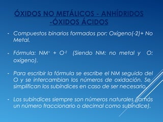 ÓXIDOS NO METÁLICOS - ANHÍDRIDOS
-ÓXIDOS ÁCIDOS
- Compuestos binarios formados por: Oxígeno(-2)+ No
Metal.
- Fórmula: NM+
+ O-2
(Siendo NM: no metal y O:
oxígeno).
- Para escribir la fórmula se escribe el NM seguido del
O y se intercambian los números de oxidación. Se
simplifican los subíndices en caso de ser necesario.
- Los subíndices siempre son números naturales (jamás
un número fraccionario o decimal como subíndice).
 