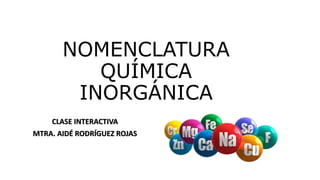 NOMENCLATURA
QUÍMICA
INORGÁNICA
CLASE INTERACTIVA
MTRA. AIDÉ RODRÍGUEZ ROJAS
 