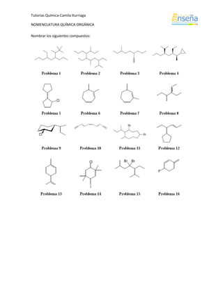 Tutorías Química-Camila Iturriaga

NOMENCLATURA QUÍMICA ORGÁNICA

Nombrar los siguientes compuestos:
 