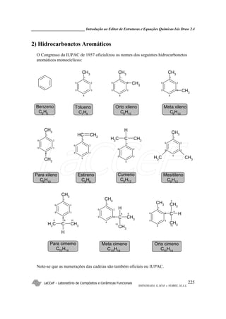 _____________________________ Introdução ao Editor de Estruturas e Equações Químicas Isis Draw 2.4
LaCCeF - Laboratório de Compósitos e Cerâmicas Funcionais
SHINOHARA, G.M.M. e NOBRE, M.A.L.
225
2) Hidrocarbonetos Aromáticos
O Congresso da IUPAC de 1957 oficializou os nomes dos seguintes hidrocarbonetos
aromáticos monocíclicos:
6
5
4
3
2
1
CH3
CH3
6
5
4
3
2
1
CH3
CH3
6
5
4
3
2
1
CH3
CH3
CH3
CH3
6
5
4
3
2
1
6
5
4
3
2
1
CH3
CH3
6
5
4
3
2
1
CH CH2
6
5
4
3
2
1
CCH3
CH3
H
6
5
4
3
2
1
C
8
CH3
9
CH3
10
H
CH3
6
5
4
3
2
1
C
8
CH3
10
H
CH3
9
CH3
6
5
4
3
2
1
C
8
CH3
9
CH310
H
CH3
Benzeno
C6H6
Tolueno
C7H8
Orto xileno
C8H10
Meta xileno
C8H10
Para xileno
C8H10
Estireno
C8H8
Cumeno
C9H12
Mesitileno
C9H12
Para cimemo
C10H14
Meta cimeno
C10H14
Orto cimeno
C10H14
Note-se que as numerações das cadeias são também oficiais ou IUPAC.
LaCCeF
 