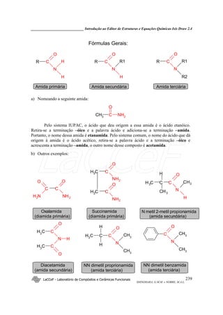 _____________________________ Introdução ao Editor de Estruturas e Equações Químicas Isis Draw 2.4
LaCCeF - Laboratório de Compósitos e Cerâmicas Funcionais
SHINOHARA, G.M.M. e NOBRE, M.A.L.
239
C
O
N
H
H
R C
O
N
R1
H
R C
O
N
R1
R2
R
Fórmulas Gerais:
Amida primária Amida secundária Amida terciária
a) Nomeando a seguinte amida:
CH3 C NH2
O
Pelo sistema IUPAC, o ácido que deu origem a essa amida é o ácido etanóico.
Retira-se a terminação –óico e a palavra ácido e adiciona-se a terminação –amida.
Portanto, o nome dessa amida é etanamida. Pelo sistema comum, o nome do ácido que dá
origem à amida é o ácido acético, retira-se a palavra ácido e a terminação –óico e
acrescenta a terminação –amida, o outro nome desse composto é acetamida.
b) Outros exemplos:
CH2
CH2
C
O
NH2
C
O
NH2
C
O
NH2
C
O
NH2
C
O
N
CH3
H
C
H
CH3
CH3
Succinamida
(diamida primária)
Oxalamida
(diamida primária)
N metil 2-metil propionamida
(amida secundária)
C
O
N
CH3
CH3
C
O
N
CH3
CH3
C
H
H
CH3
C
O
N
CH3
C
O
H
CH3
NN dimetil benzamida
(amida terciária)
NN dimetil proprionamida
(amida terciária)
Diacetamida
(amida secundária)
LaCCeF
 