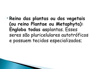  Reinodas plantas ou dos vegetais
 (ou reino Plantae ou Metaphyta):
 Engloba todas asplantas. Esses
 seres são pluricelulares autotróficos
 e possuem tecidos especializados;
 