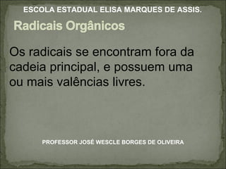 Os radicais se encontram fora da cadeia principal, e possuem uma ou mais valências livres. PROFESSOR JOSÉ WESCLE BORGES DE OLIVEIRA ESCOLA ESTADUAL ELISA MARQUES DE ASSIS. 