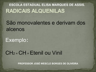 São monovalentes e derivam dos alcenos Exemplo : CH 2 =  CH  =  Etenil ou Vinil PROFESSOR JOSÉ WESCLE BORGES DE OLIVEIRA ESCOLA ESTADUAL ELISA MARQUES DE ASSIS. 